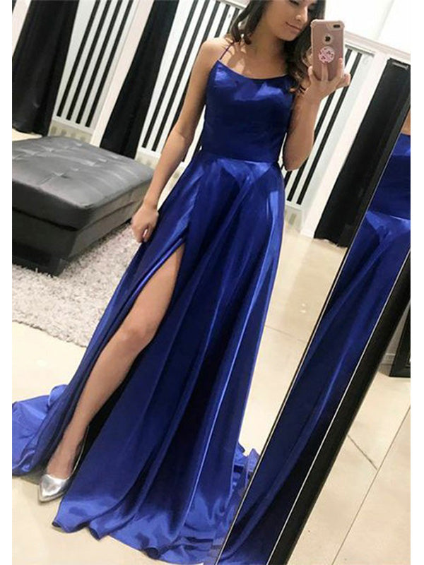 Elegant Royal Blue Spaghetti Straps Backless Side Slit Prom Dress Even DaintyBridal Elegant Royal Blue Spaghetti Straps Backless Side Slit Prom Dress Even DaintyBridal