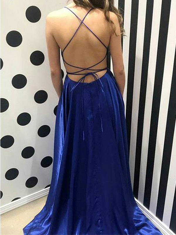 Elegant Royal Blue Spaghetti Straps Backless Side Slit Prom Dress Evening Dress, OL739