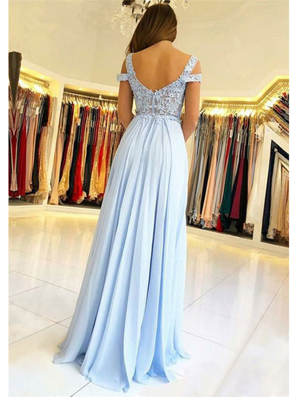 Elegant V-neck Applique A-line Chiffon Prom Dress Evening Dress with Side Slit, OL740