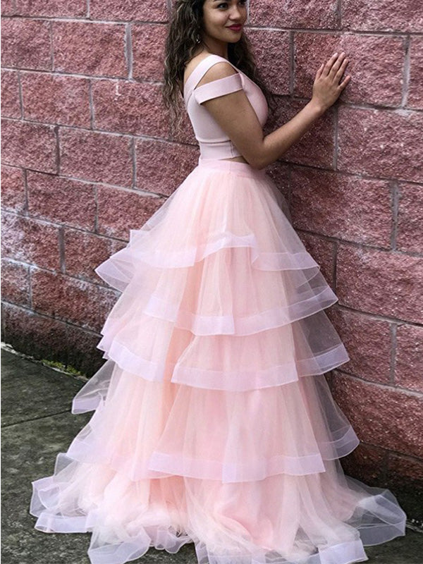 Elegangt A-line Pink Off the Shoulder Tulle Long Prom Dress Evening Dress, OL743