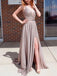 Elegant Spaghetti Straps V-neck Prom Dress Evening Dress with Side Slit, OL748