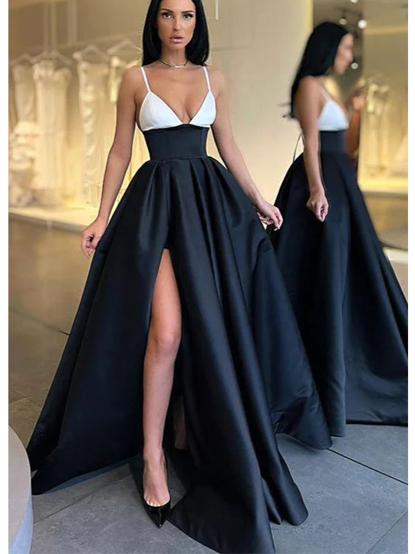 White Black Spaghetti Straps A-line Prom Dress Evening Dress with Side Slit, OL750