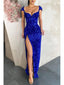 Sparkly Mermaid Cap Sleeve Blue Sequins Prom Dress Evening Dress with Side Slit, OL752