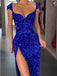 Sparkly Mermaid Cap Sleeve Blue Sequins Prom Dress Evening Dress with Side Slit, OL752