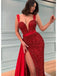 Red Straps V-neck Mermaid Side Slit Prom Dress Evening Dress with Trailing, OL753