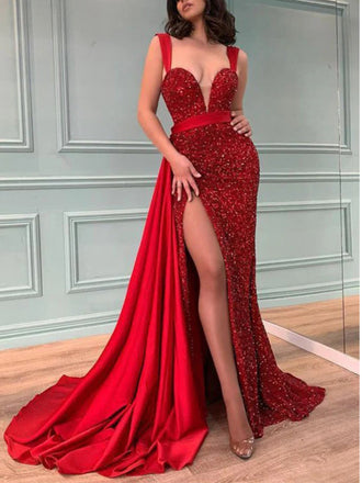 Red Straps V-neck Mermaid Side Slit Prom Dress Evening Dress with Trailing, OL753