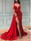 Red Straps V-neck Mermaid Side Slit Prom Dress Evening Dress with Trailing, OL753