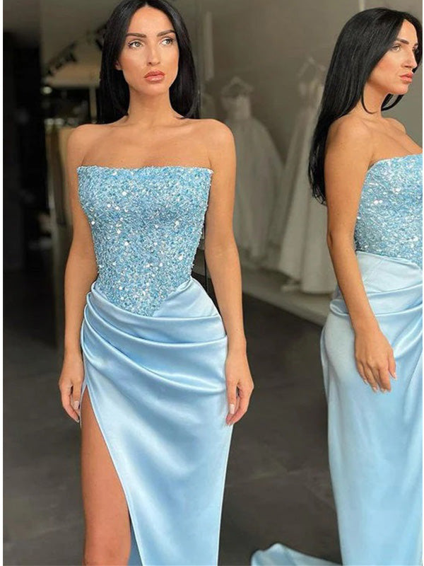 Light Blue Strapless Sleeveless Mermaid Side Slit Prom Dress Evening Dress, OL754