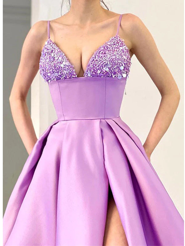 Elegant Spaghetti Straps V-neck Side Slit A-line Prom Dress Evening Dress, OL755