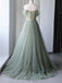 Elegant Light Green A-line Tulle Off the Shoulder Long Prom Dress Evening Dress, OL772