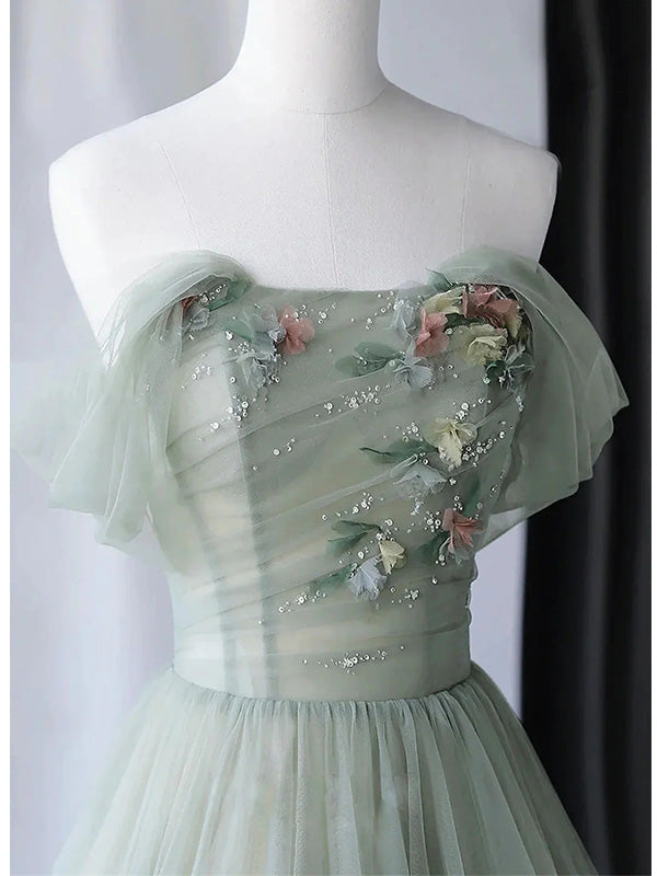 Elegant Light Green A-line Tulle Off the Shoulder Long Prom Dress Evening Dress, OL772