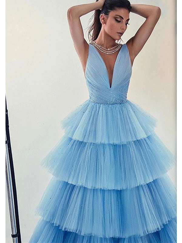 Elegant Sky Blue V-neck A-line Backless Long Prom Dress Evening Dress, OL773