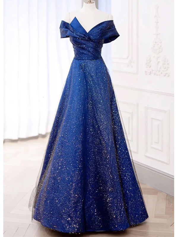 Royal Blue Off the Shoulder V-neck Long Prom Dress Evening Dress, OL775