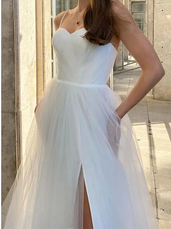 White Spaghetti Straps Tulle Side Slit Long Prom Dress Evening Dress, OL776