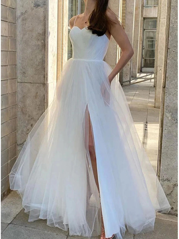 White Spaghetti Straps Tulle Side Slit Long Prom Dress Evening Dress, OL776
