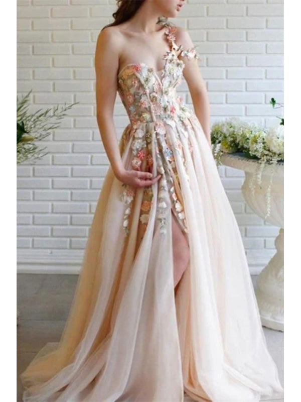 Flower Off the Shoulder V-neck A-line Long Prom Dress Evening Dress with Side Slit, OL779