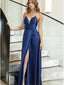 Elegant Royal Blue Spaghetti Straps V-neck Long Prom Dress Evening Dress with Side Slit, OL782
