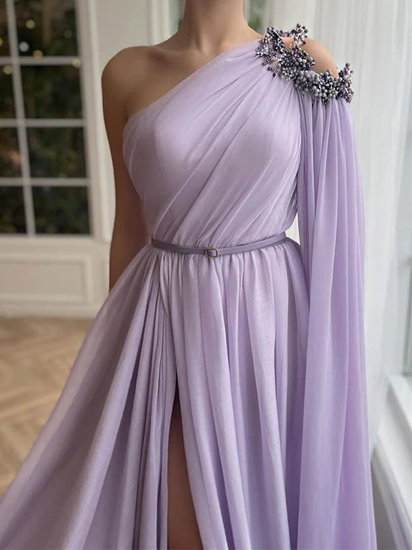 Elegant Light Purple Chiffon One Shoulder A-line Long Prom Dress Evening Dress with Side Slit, OL792