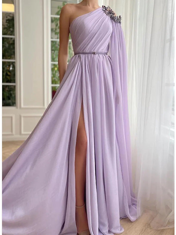 Elegant Light Purple Chiffon One Shoulder A-line Long Prom Dress Eveni DaintyBridal Elegant Light Purple Chiffon One Shoulder A-line Long Prom Dress Eveni DaintyBridal