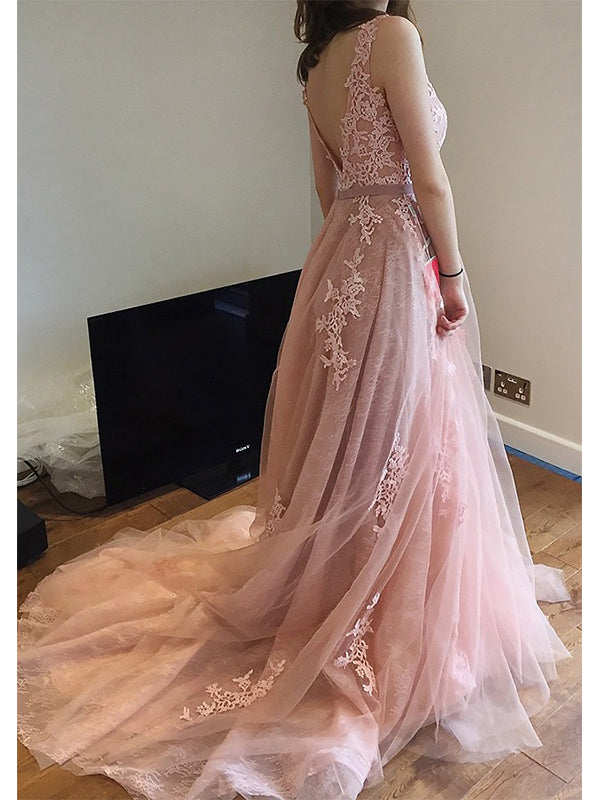 Elegant Backless A-line Tulle Long Prom Dresses Formal Dress, OL793