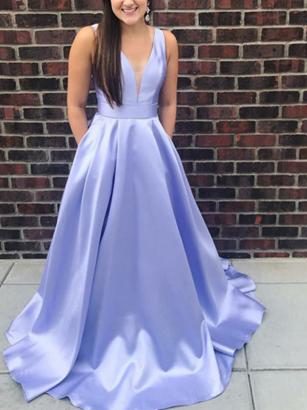 Elegant Light Blue Satin V-neck Sleeveless Long Prom Dresses Formal Dress, OL795