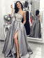 Elegant Grey One Shoulder Satin Applique Long Prom Dresses Formal Dress, OL796