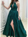 Elegant Green Halter A-line Satin Long Prom Dresses Formal Dress with Side Slit, OL798