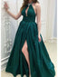 Elegant Green Halter A-line Satin Long Prom Dresses Formal Dress with Side Slit, OL798