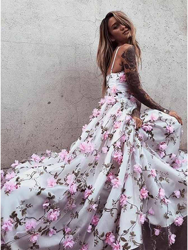 Elegant White Flower Applique Spaghetti Straps A-line V-neck Long Prom Dresses Formal Dress, OL800