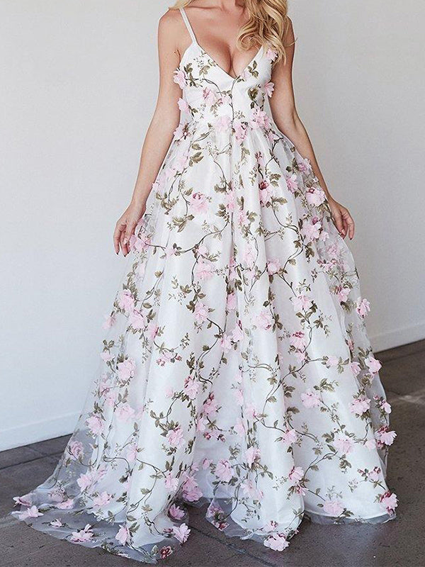 Elegant White Flower Applique Spaghetti Straps A-line V-neck Long Prom DaintyBridal Elegant White Flower Applique Spaghetti Straps A-line V-neck Long Prom DaintyBridal