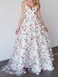 Elegant White Flower Applique Spaghetti Straps A-line V-neck Long Prom Dresses Formal Dress, OL800