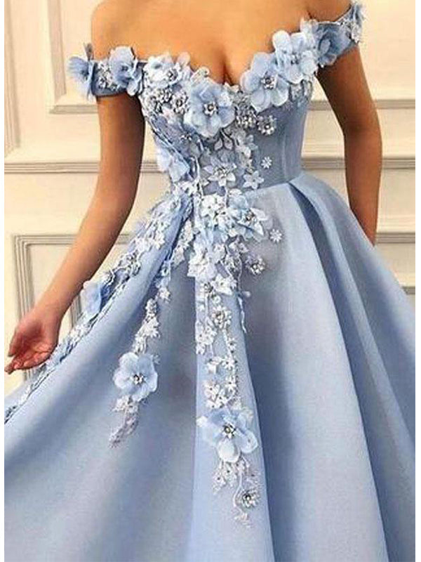 Elegant Blue Off the Shoulder Satin Flower A-line Long Prom Dresses Formal Dress, OL802