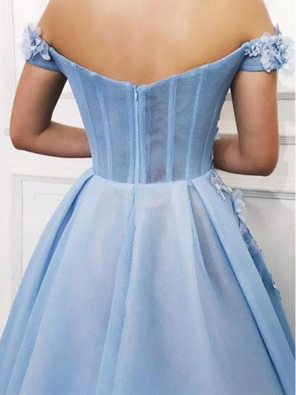 Elegant Blue Off the Shoulder Satin Flower A-line Long Prom Dresses Formal Dress, OL802