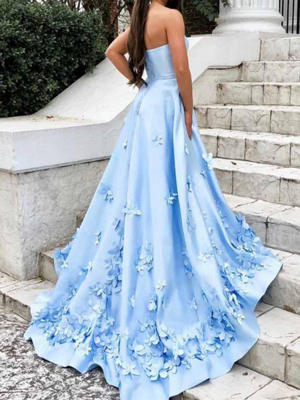 Elegant Light Blue Straight Neck A-line Satin Applique Long Prom Dress DaintyBridal Elegant Light Blue Straight Neck A-line Satin Applique Long Prom Dress DaintyBridal