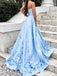 Elegant Light Blue Straight Neck A-line Satin Applique Long Prom Dresses Formal Dress, OL805