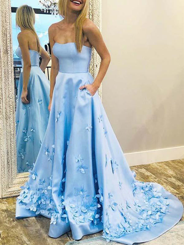 Elegant Light Blue Straight Neck A-line Satin Applique Long Prom Dress DaintyBridal Elegant Light Blue Straight Neck A-line Satin Applique Long Prom Dress DaintyBridal