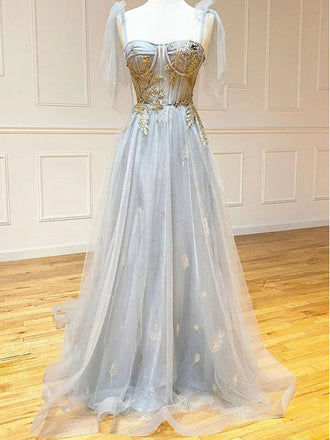 Charming Straps A-line Tulle Applique Long Prom Dresses Formal Dress, OL807