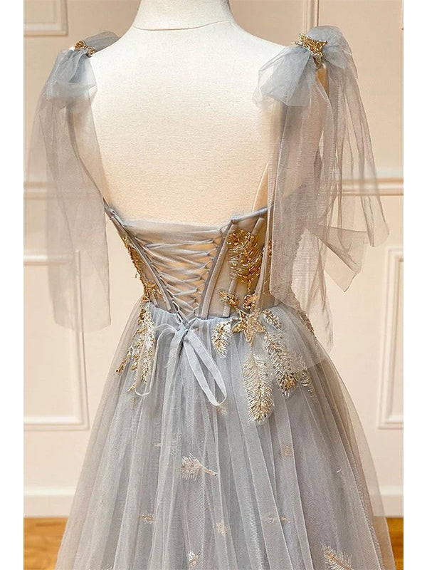 Charming Straps A-line Tulle Applique Long Prom Dresses Formal Dress, OL807