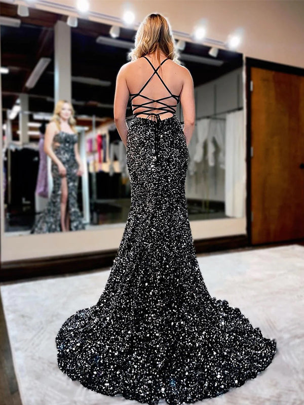 Sparkly Black Spaghetti Straps Cross Back Long Prom Dresses Formal Dress woth Side Slit, OL811