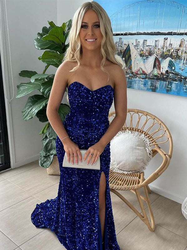 Sparkly Royal Blue Sequins Mermaid Long Prom Dresses Formal Dress with Side Slit, OL814