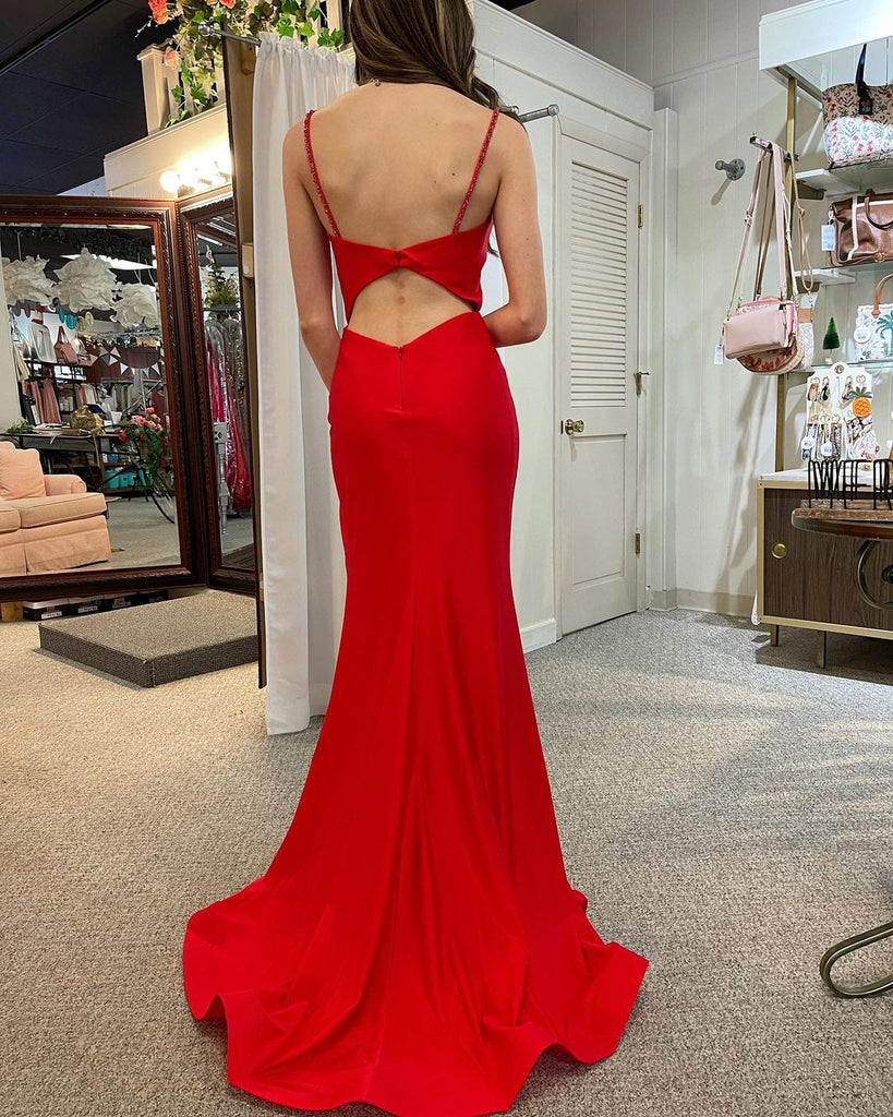 Elegant Red Spaghetti Straps Satin Sheath Long Prom Dresses Formal Dress with Side Slit, OL815