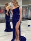 Sparkly Royal Blue One Shoulder Sheath Long Prom Dresses Formal Dress with Side Slit, OL816