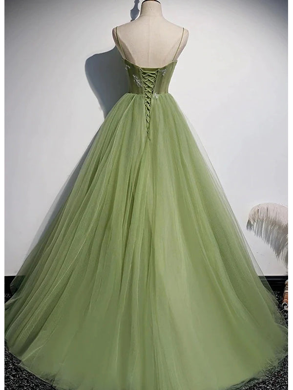 Elegant Green Tulle Spaghetti Straps A-line Long Prom Dresses Formal Dress, OL820