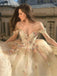Gorgeous Champagne Flowers Off the Shoulder Tulle A-line Long Prom Dresses Wedding Dress, OL825