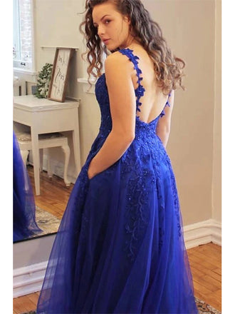 Elegant Blue Spaghetti Straps V-neck Backless Tulle A-line Long Prom Dresses, OL826