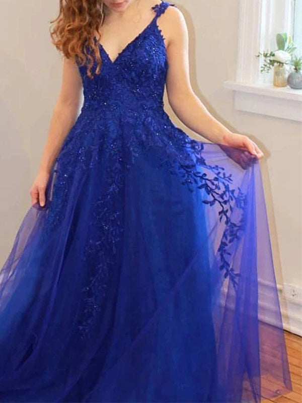 Elegant Blue Spaghetti Straps V-neck Backless Tulle A-line Long Prom Dresses, OL826