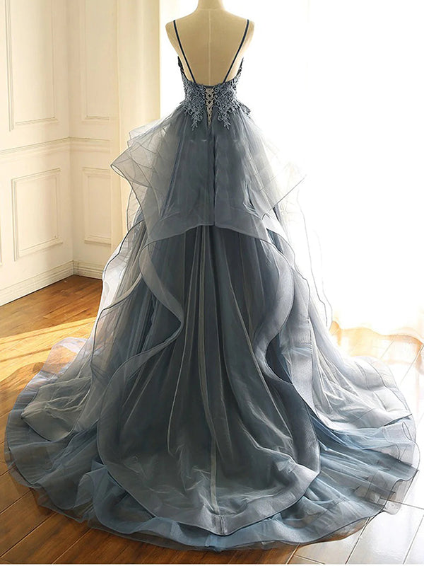 Elegant Grey Blue Tulle A-line Spaghetti Straps V-neck Long Prom Dresses Evening Dress, OL829