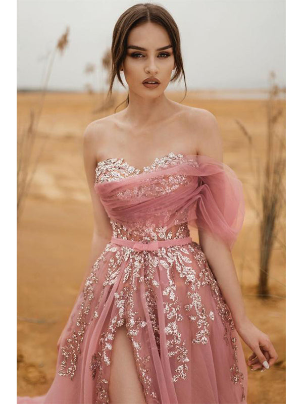 Elegant Sweetheart Pink Off the Shoulder Tulle A-line Long Prom Dresses Evening Dress, OL830