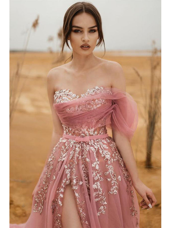 Elegant Sweetheart Pink Off the Shoulder Tulle A-line Long Prom Dresse DaintyBridal Elegant Sweetheart Pink Off the Shoulder Tulle A-line Long Prom Dresse DaintyBridal
