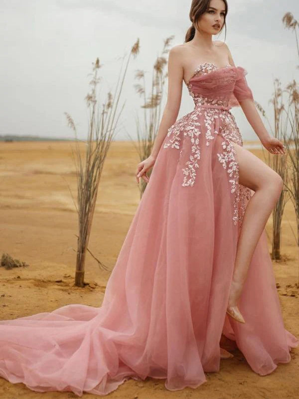 Pink A line tulle long prom dress pink formal evening dress